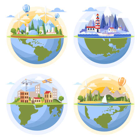 Globes with landscapes vector flat illustration. Nuclear factory, wind turbines, seaside, city construction.のイラスト素材