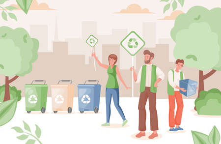 People in urban park recycling waste vector flat illustration. Man and woman hold placards with recycle sign.のイラスト素材