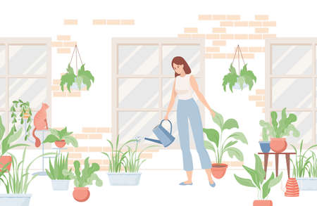 Woman holding watering can and watering home plants near the house or in the room.のイラスト素材