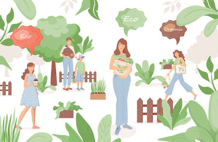 Young man and women choosing eco-friendly lifestyle vector flat illustration. Ecology protection concept.のイラスト素材