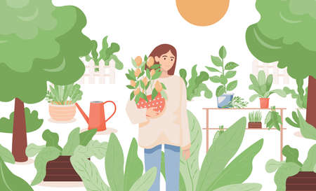 Woman standing in garden and holding a pot with lemon tree vector flat illustration. Farmgirl gardening.のイラスト素材
