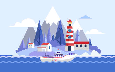 Seaside with lighthouse and yacht vector flat illustration. Ocean or sea beach view. Landscape with hills, boat, forest.のイラスト素材