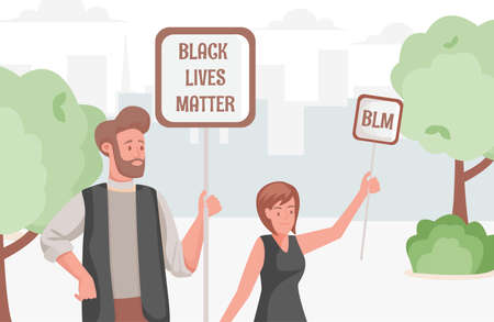 Black lives matter poster with protesting young people holding placards and protest vector flat illustration.のイラスト素材