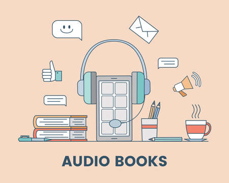 Audio book cartoon outline banner concept. Podcast, audio media, or electronic learning vector illustration.のイラスト素材