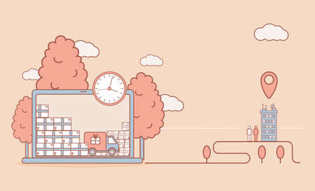 Online shopping vector cartoon outline illustration. Shopping truck with purchases deliver goods to customers.のイラスト素材
