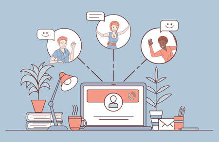 Social network or online communication cartoon outline illustration. Online call via laptop vector concept.のイラスト素材