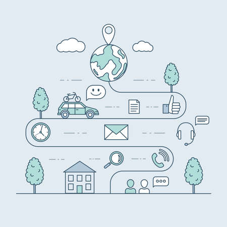 Traveling by car vector cartoon outline illustration. Road map and journey route, winding road timeline design.のイラスト素材