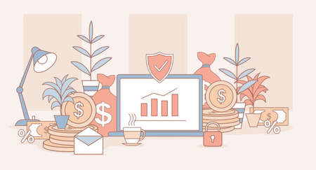 Investing application vector cartoon outline illustration. Laptop screen with rising bar graph, golden coins.のイラスト素材