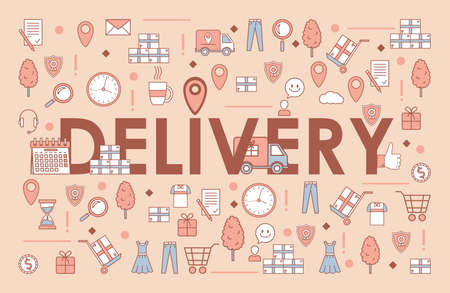 Delivery word banner template. Electronic commerce and online order vector cartoon outline concept.のイラスト素材
