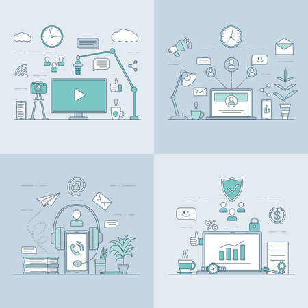 Making video content, data analysis, audiobook, social network vector cartoon outline illustration.のイラスト素材