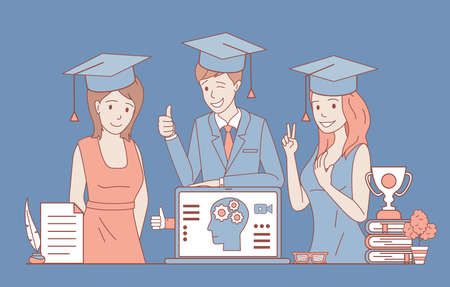 Happy smiling people in formal clothes and square academic caps vector cartoon outline illustration.のイラスト素材