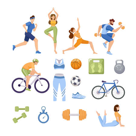 Set of sports items. Happy people in sport clothes doing workout, yoga, and stretching.のイラスト素材