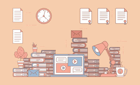 Electronic learning platform on laptop screen and desk with books and vector cartoon outline illustration.のイラスト素材