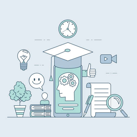 Online education, training, or courses cartoon outline concept. Electronic learning on smartphone.のイラスト素材