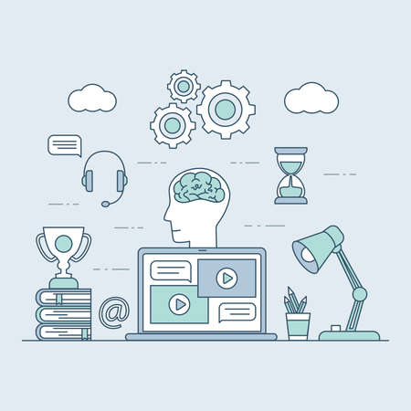 Distant learning vector cartoon outline illustration. Laptop screen with video lessons, desk with books, and awards.のイラスト素材