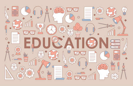 Education word banner template. Learning and studying items cartoon outline illustration.のイラスト素材