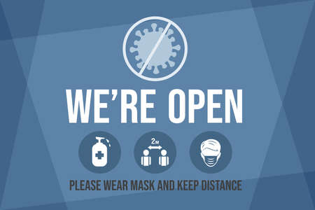 We are open, please wear protective face mask and keep safe social distance vector flat banner template.のイラスト素材
