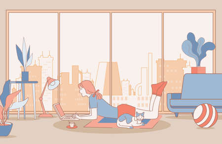 Woman working on laptop vector cartoon outline illustration. Remote and distance work, freelance concept.のイラスト素材