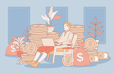 Man working distance with laptop vector cartoon outline illustration. Finance success at work concept.のイラスト素材