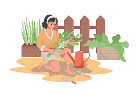 Woman planting and watering garden flowers or vegetables vector flat illustration. Summertime gardening concept.のイラスト素材