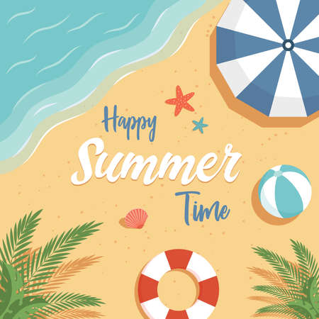 Happy summer time banner design template with text space. Summer vacation vector flat poster concept.のイラスト素材