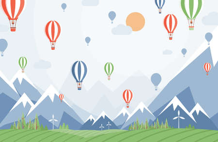 Summer nature landscape view with mountains, meadows, and air balloons. Suburban adventure vector flat illustration.のイラスト素材