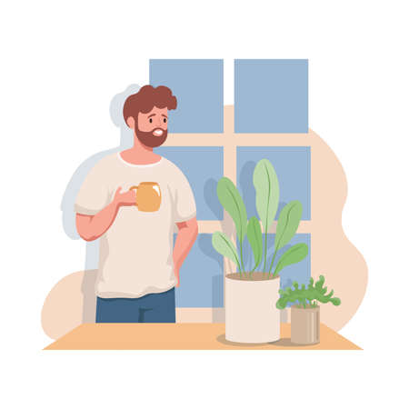 Man enjoying a hot morning cup of tea or coffee greeting a day vector flat illustration.のイラスト素材
