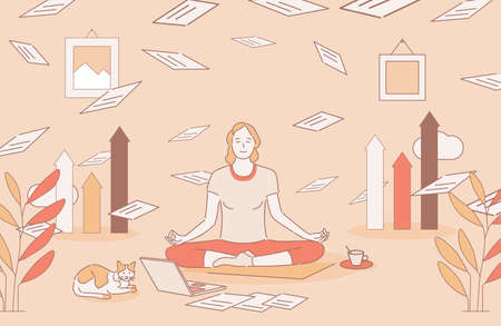 Woman sitting in lotus pose and meditating during deadline vector cartoon outline illustration.のイラスト素材
