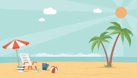 Summer beach landscape view with sea, umbrella, ball, and deckchair. Perfect vacation vector flat illustration.のイラスト素材