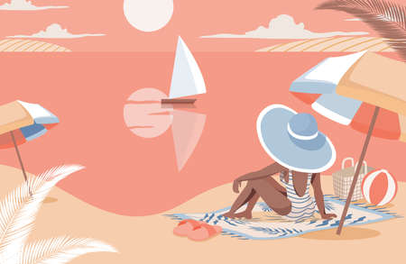 Woman meeting sunset on the beach vector flat illustration. Summer vacation, enjoy holidays at sea resort.のイラスト素材