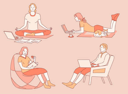 Work and relax at home vector cartoon outline illustration. People working remotely, meditating, reading books.のイラスト素材