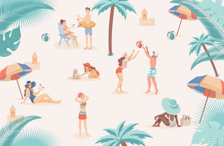 Happy people at beach relaxing, doing summer outdoor activities vector flat illustration.のイラスト素材