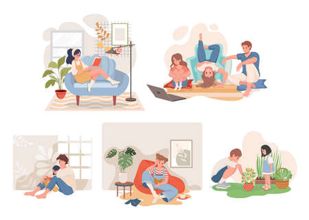 Stay at home and spend time together with family vector flat illustration. Relaxing at home at summer weekend.のイラスト素材