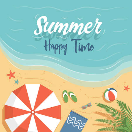 Happy summer time vector flat poster design with text space. Enjoy weekend, perfect vacation poster concept.のイラスト素材