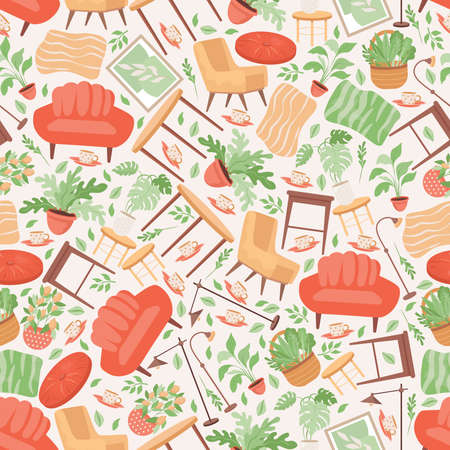 Cute home furniture, and household items, sofa, domestic plants, flowers in pots vector flat seamless pattern.のイラスト素材