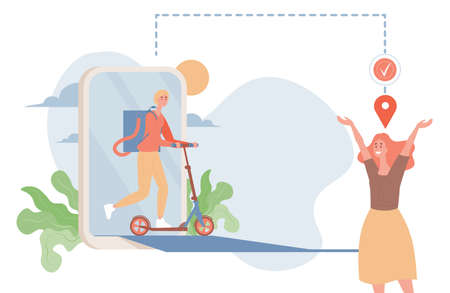 Online non contact delivery vector flat illustration. Man on scooter delivers goods to happy woman customer.のイラスト素材