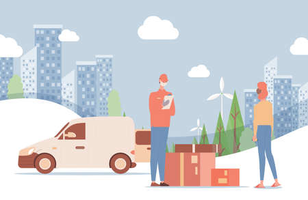 Fast delivery service vector flat illustration. Non contact delivery during Coronavirus outbreak.のイラスト素材
