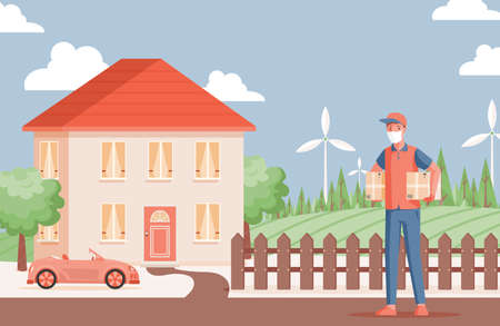 Online fast delivery service during Coronavirus outbreak vector flat concept. Man carrying parcels to country house.のイラスト素材