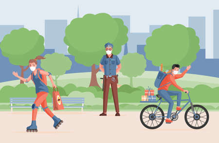Protective measures against Coronavirus disease. People walking outdoor in protective masks.のイラスト素材