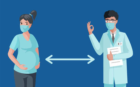 Pregnant woman and doctor in face masks keeping distance during Coronavirus outbreak vector flat illustration.のイラスト素材