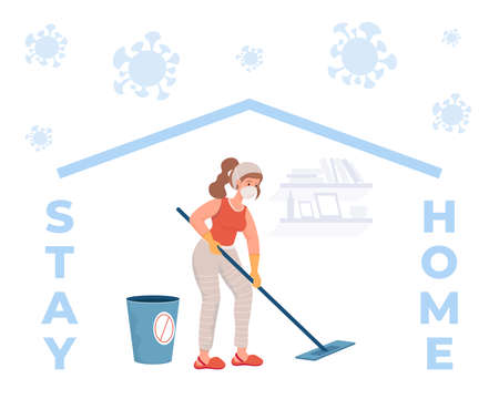 Woman in comfortable clothes and protective face mask cleans floors with disinfectant during Coronavirus outbreak.のイラスト素材