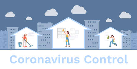 Coronavirus control vector flat banner design. Women in medical masks cleaning apartments with disinfectant.のイラスト素材