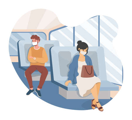 People travel in public transport during Coronavirus outbreak vector flat illustration.の素材 [FY310151934378]