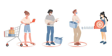 People stand in line and keep safe social distance in the shop vector flat illustration. Maintain social distancing.のイラスト素材