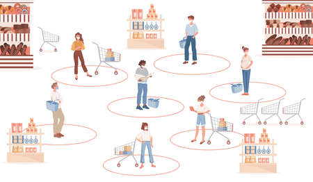 People keep safe social distance and wearing protective face masks in the shop vector flat illustration.のイラスト素材