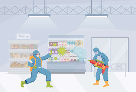 People in protective suits clean grocery shop vector flat illustration. Cleaners fight against Coronavirus cells.のイラスト素材