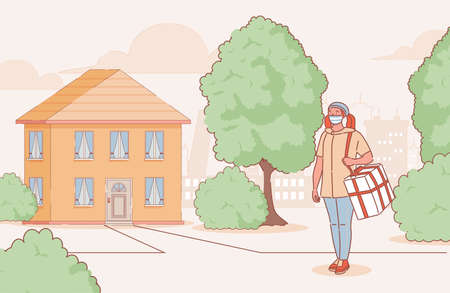 Young woman in medical mask delivers goods or food to country house vector cartoon outline illustration.のイラスト素材