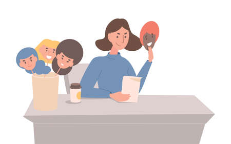 Evil and hypocritical young woman changing fake masks to appear kindly and good vector flat illustration.のイラスト素材