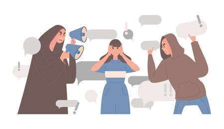 Stop spreading fake news and hoax vector flat illustration. Woman covers ears to stop people telling false news.のイラスト素材
