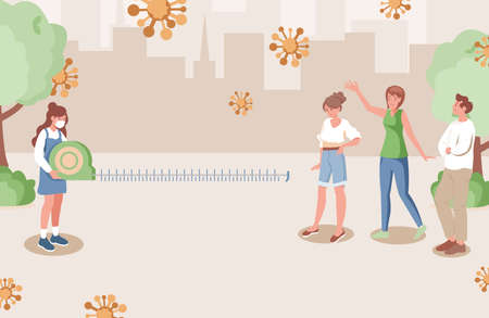 Man and women walking in the urban park after Coronavirus outbreak and keeping protective measures.のイラスト素材